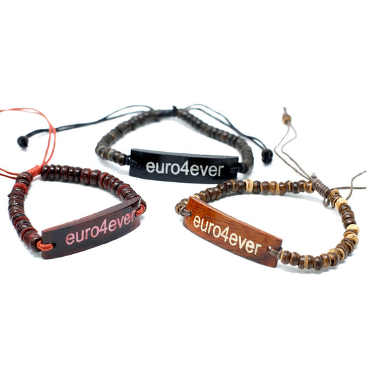 Coconut Wood Slogan Bracelet – Stretch 7.5 CM, coconut wood beaded stretch bracelet with engraved euro4ever slogan