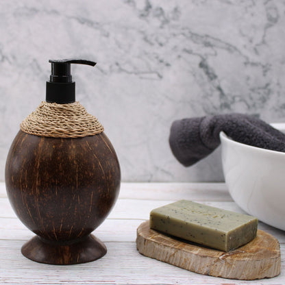 Coconut Wood Soap Dispenser – 150ML on bathroom counter with pump top, marble backdrop, soap bar on dish and towel