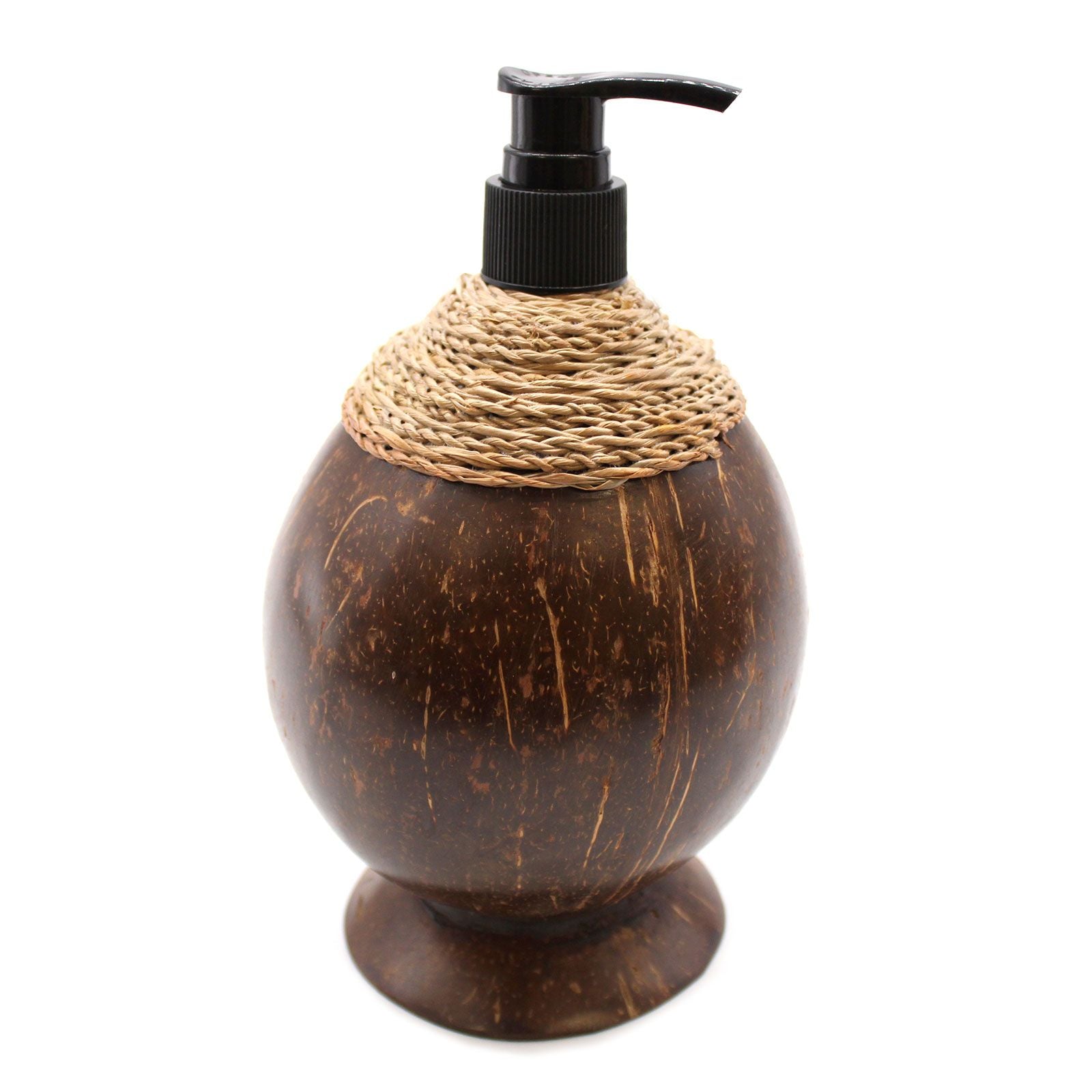 Coconut Wood Soap Dispenser – 150ML, dispensador de jabón líquido de madera de coco con bomba negra y detalle trenzado