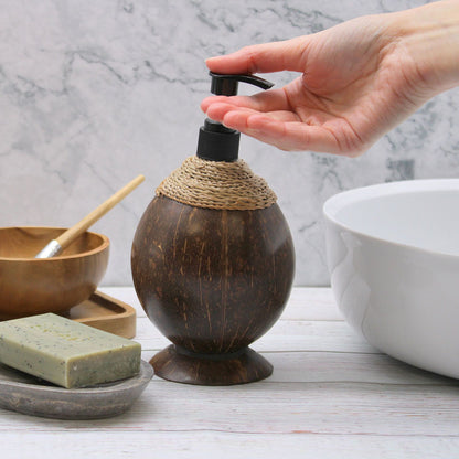 Alt Tag: Coconut Wood Soap Dispenser – 150ML on bathroom counter with black pump top, natural coconut wood body and rope detail