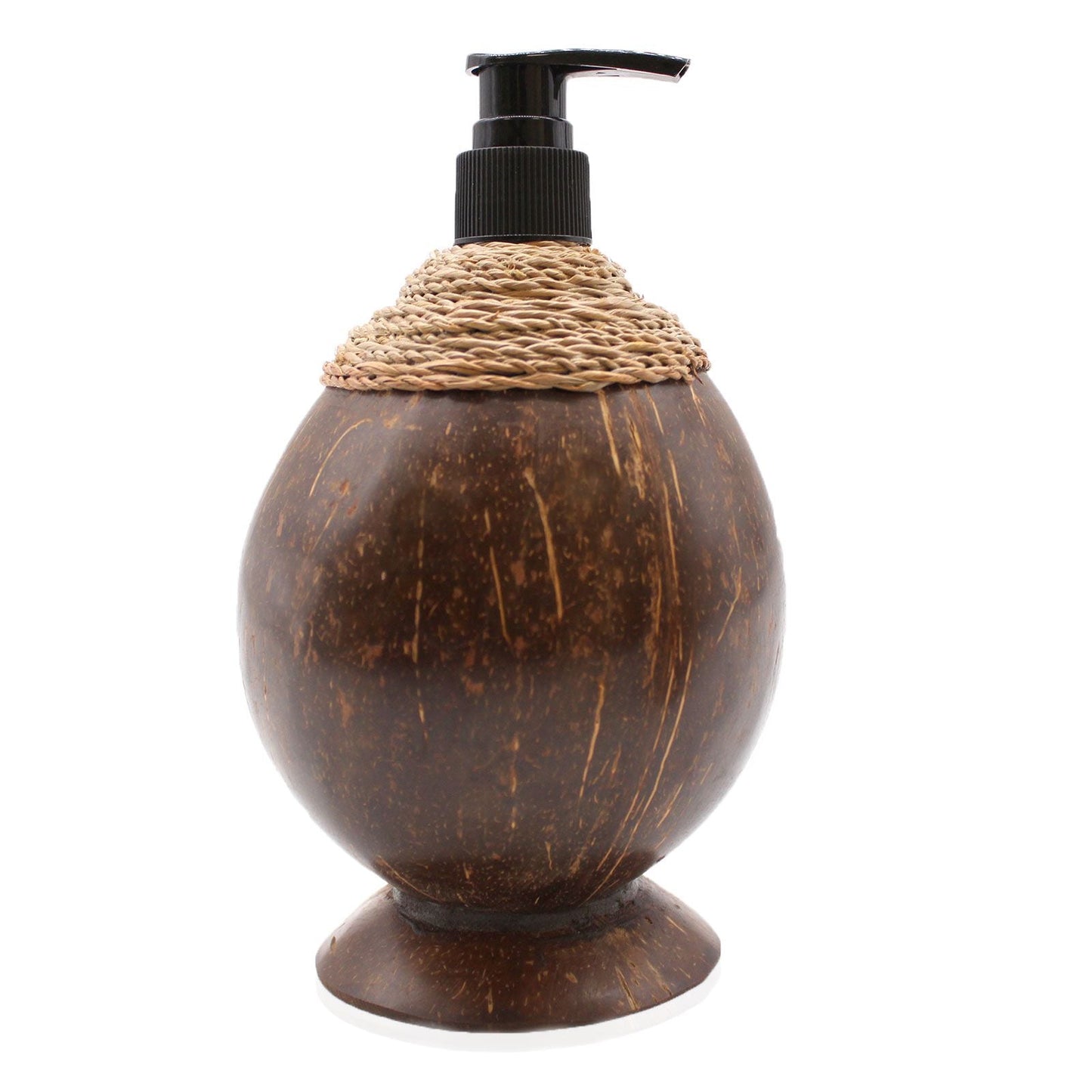 Coconut Wood Soap Dispenser – 150ML natural coconut wood liquid soap pump dispenser with black pump and woven rope detail