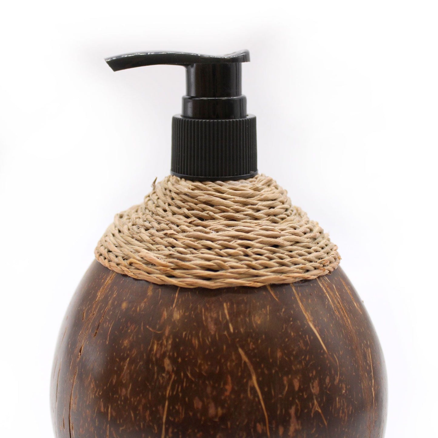 Coconut Wood Soap Dispenser – 150ML natural coconut shell liquid soap pump with woven rattan detail for bathroom or kitchen