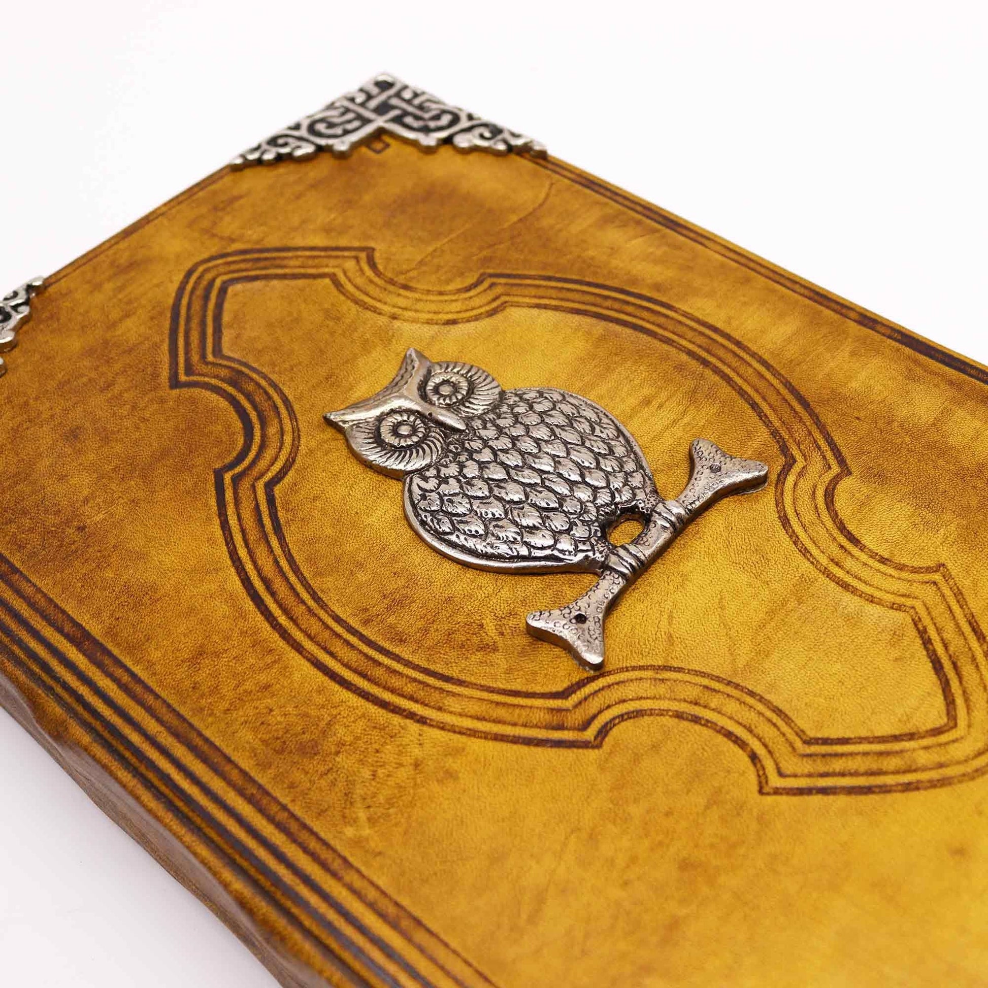 Alt Tag: Coffee Tan Leather Journal – Zinc Owl, 200 Deckle Pages, 26x18CM leather cover with zinc owl decor and embossed border