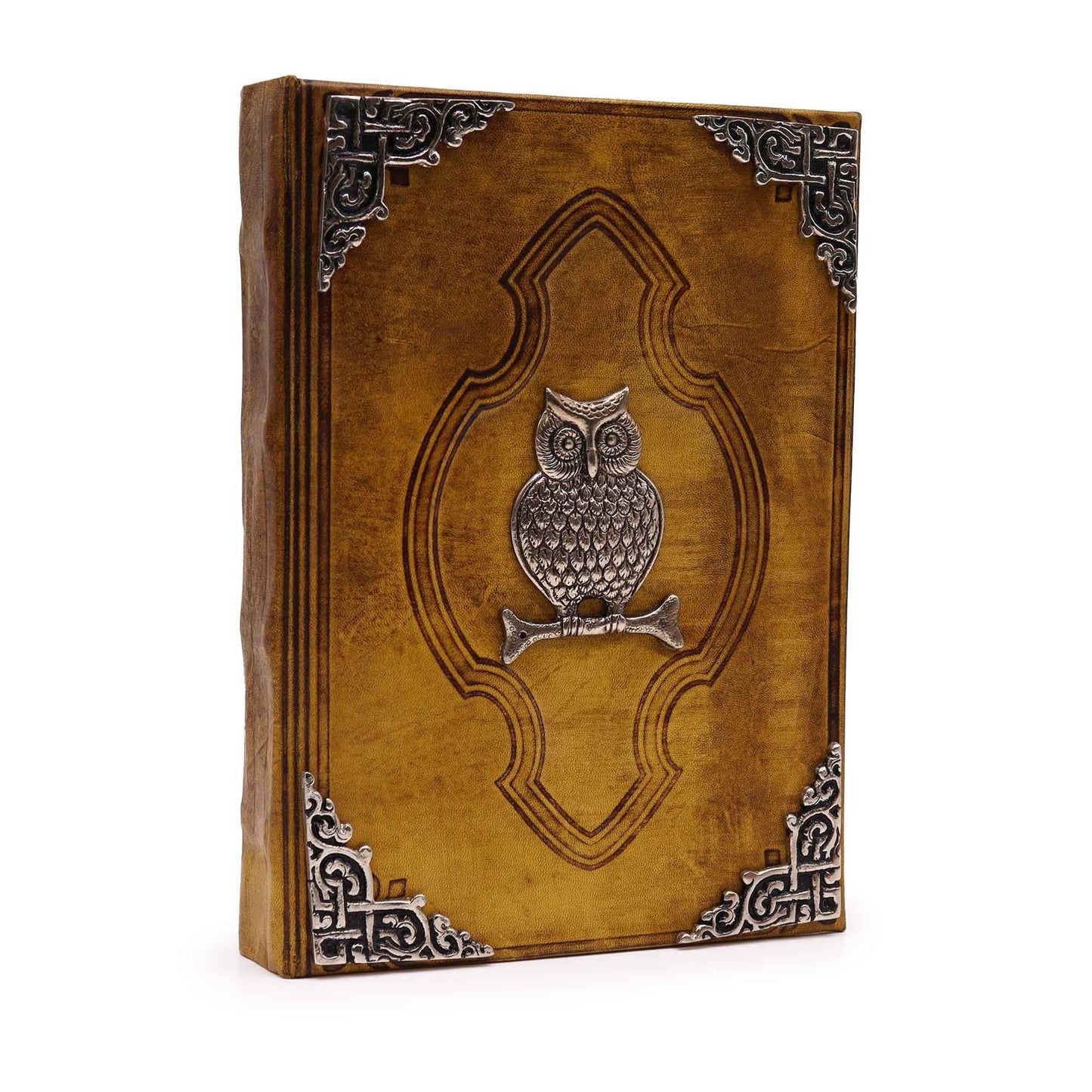 Coffee Tan Leather Journal – Zinc Owl, 200 Deckle Pages, 26x18CM leather journal with zinc owl on cover and ornate metal corner accents