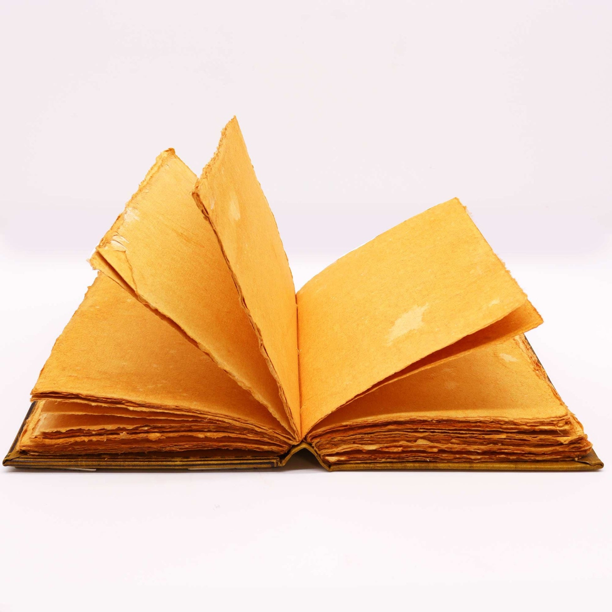 Alt Tag: Coffee Tan Leather Journal – Zinc Owl, 200 Deckle Pages, 26x18CM open journal showing deckle-edge pages fanned out
