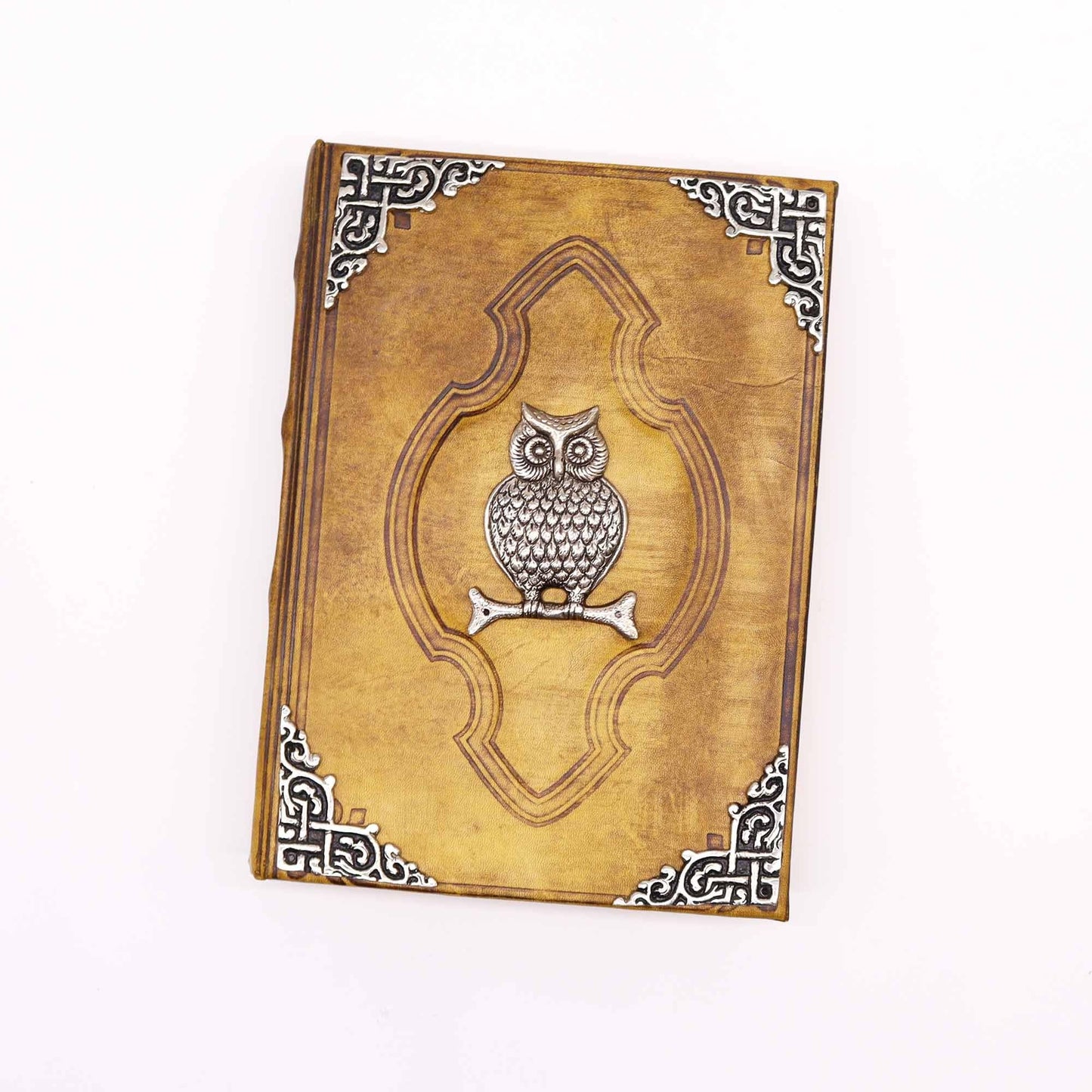 Coffee Tan Leather Journal – Zinc Owl, 200 Deckle Pages, 26x18CM leather journal cover with zinc owl and ornate corner accents