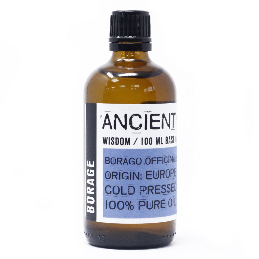 Cold Pressed Borage Oil – 100ML amber glass bottle with black cap, Ancient Wisdom label, cold pressed 100% pure oil