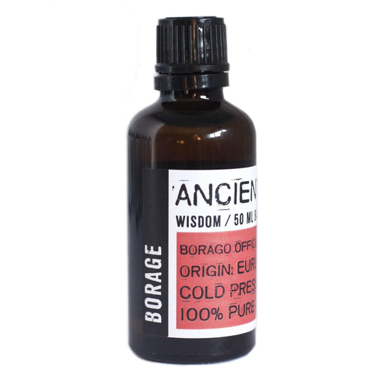 Alt Tag: Cold Pressed Borage Oil – 50ML frasco ámbar con tapa negra, aceite de borraja (Borago officinalis) prensado en frío, 50 ml