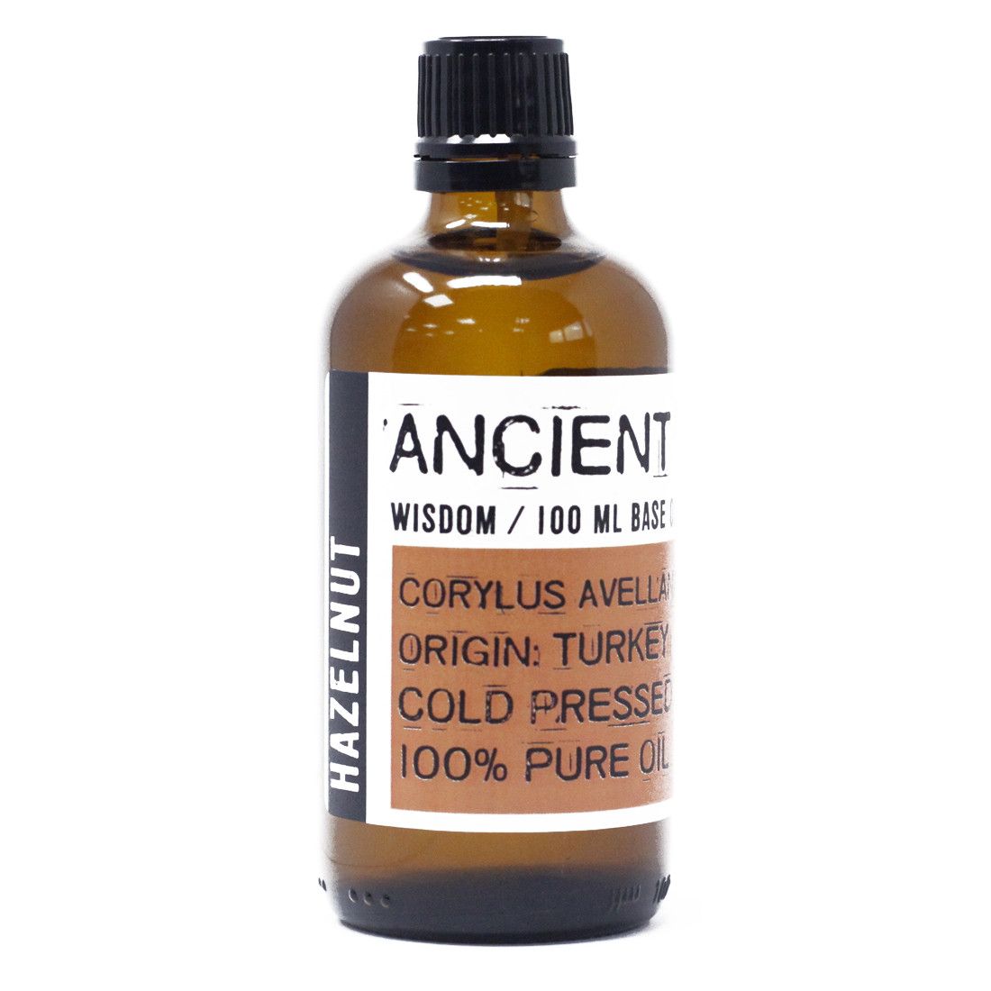 Alt Tag: Cold-Pressed Hazelnut Oil – 100 ML amber glass bottle with black cap, Ancient Wisdom label, 100 ml hazelnut oil