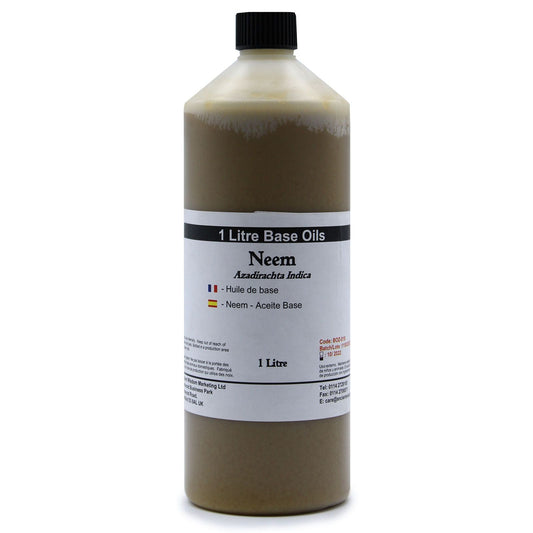 Cold Pressed Neem Oil – 1 Litre bottle of neem base oil, 1L with black cap and label, cold-pressed premium base oil