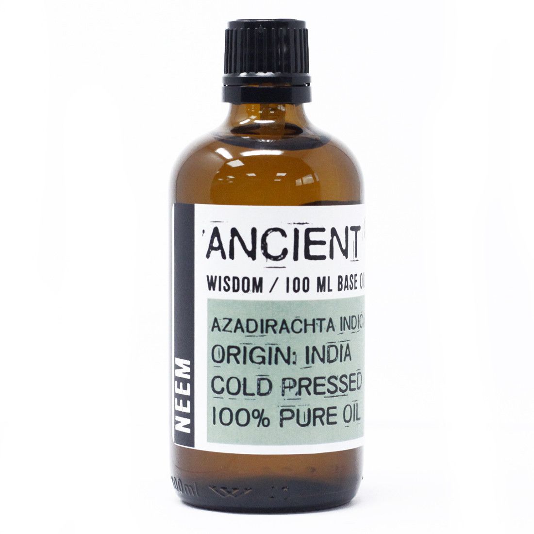 Alt Tag: Cold-Pressed Neem Oil – 100ML, botella de aceite de neem 100 ml cold pressed, origen India, etiqueta Ancient Wisdom