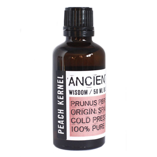 Alt Tag: Cold Pressed Peach Kernel Oil – 50ML amber glass bottle with black cap, Spanish origin, cold-pressed 50 ml