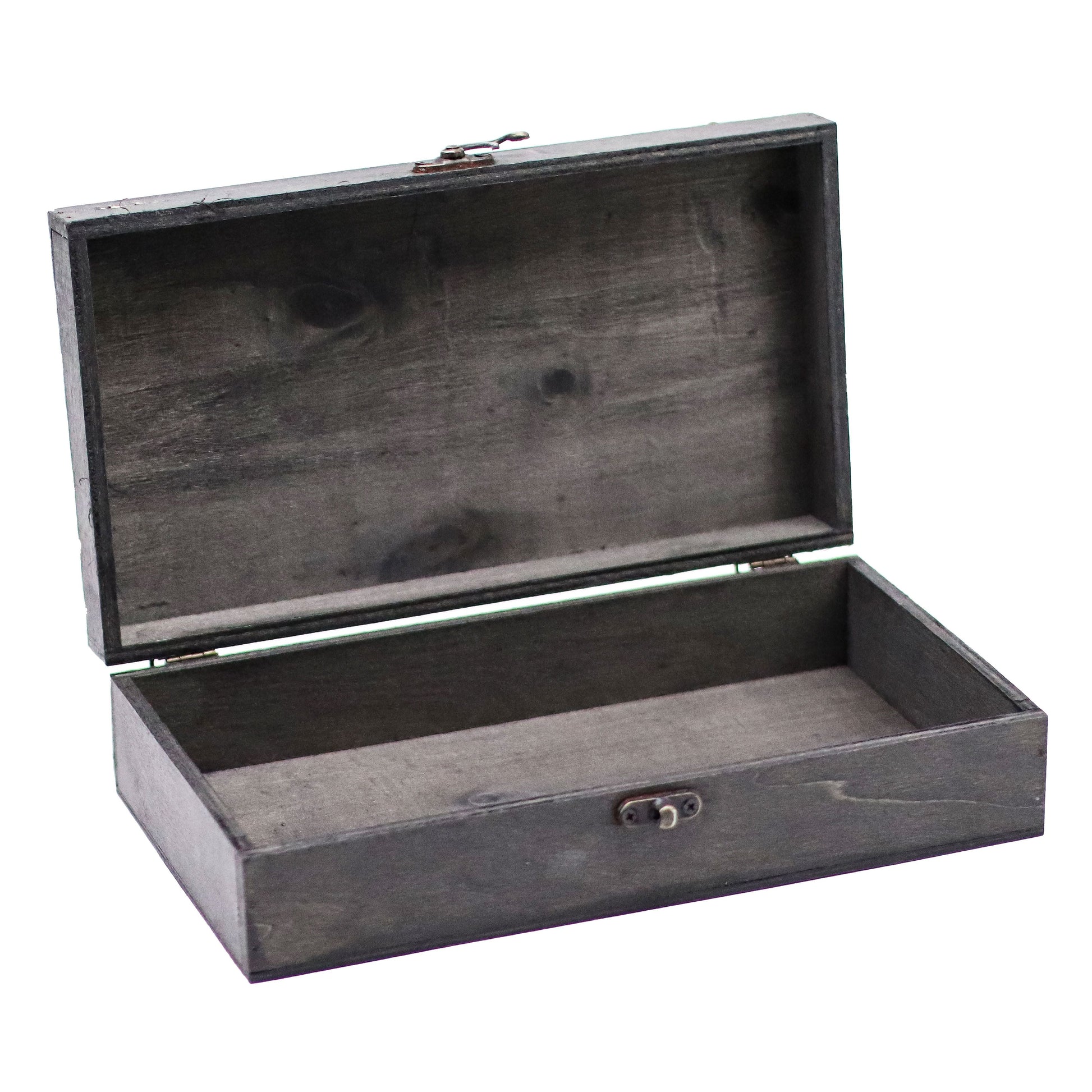 Alt-Tag: Colonial Charm Vintage Box – Grau, 26x14.5x6.8 CM graue Vintage-Aufbewahrungsbox mit offenem Deckel, MDF mit Metallverschluss für Schmuck, kleine Accessoires oder Geschenke