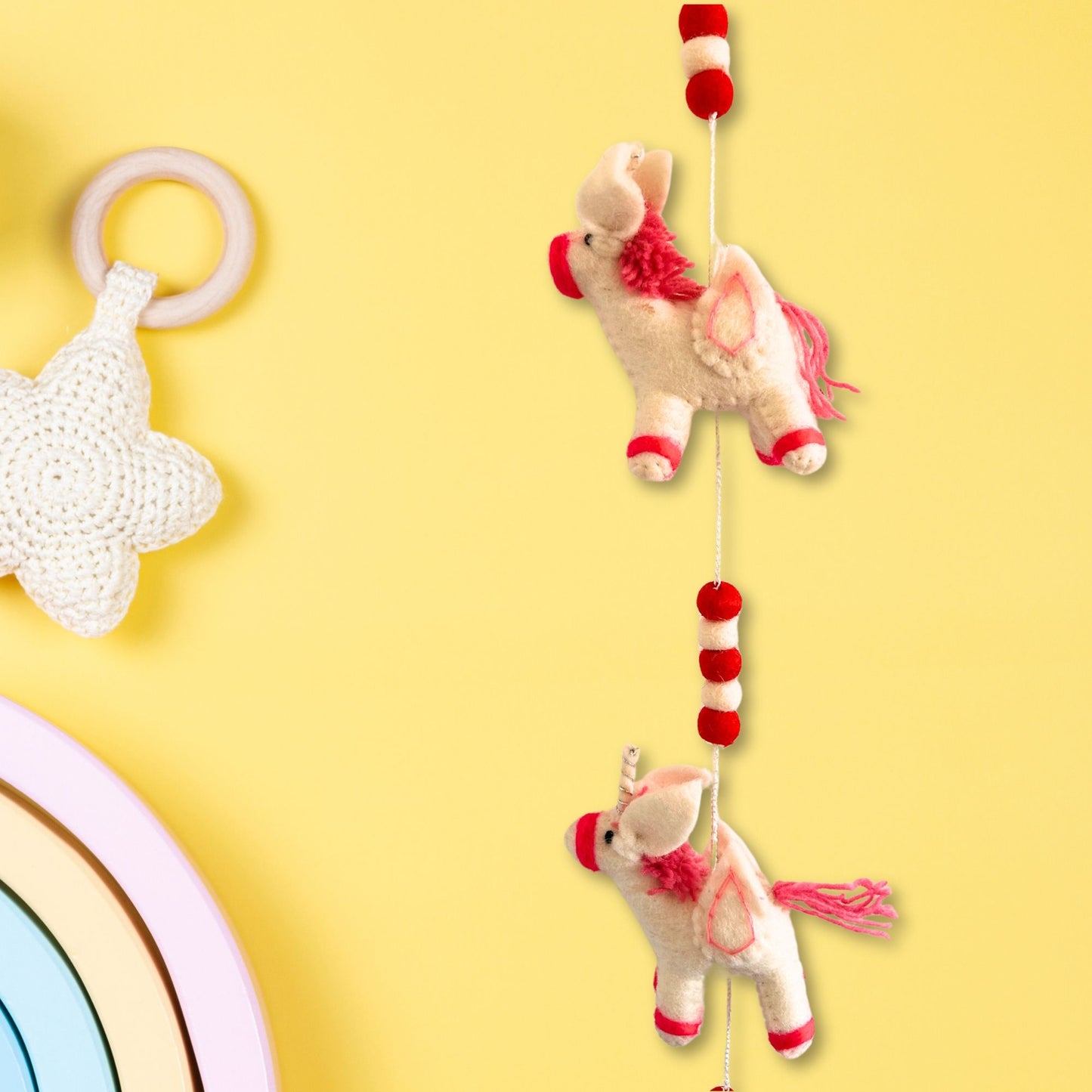 Alt Tag: Colorful Felt Unicorn Wall Hanging – 110CM with handmade felt unicorns on string, colorful nursery decor, 110 cm