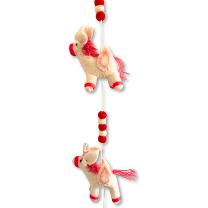 Colorful Felt Unicorn Wall Hanging – 110CM handcrafted Nepal felt unicorn garland with two unicorns and red-white pom poms