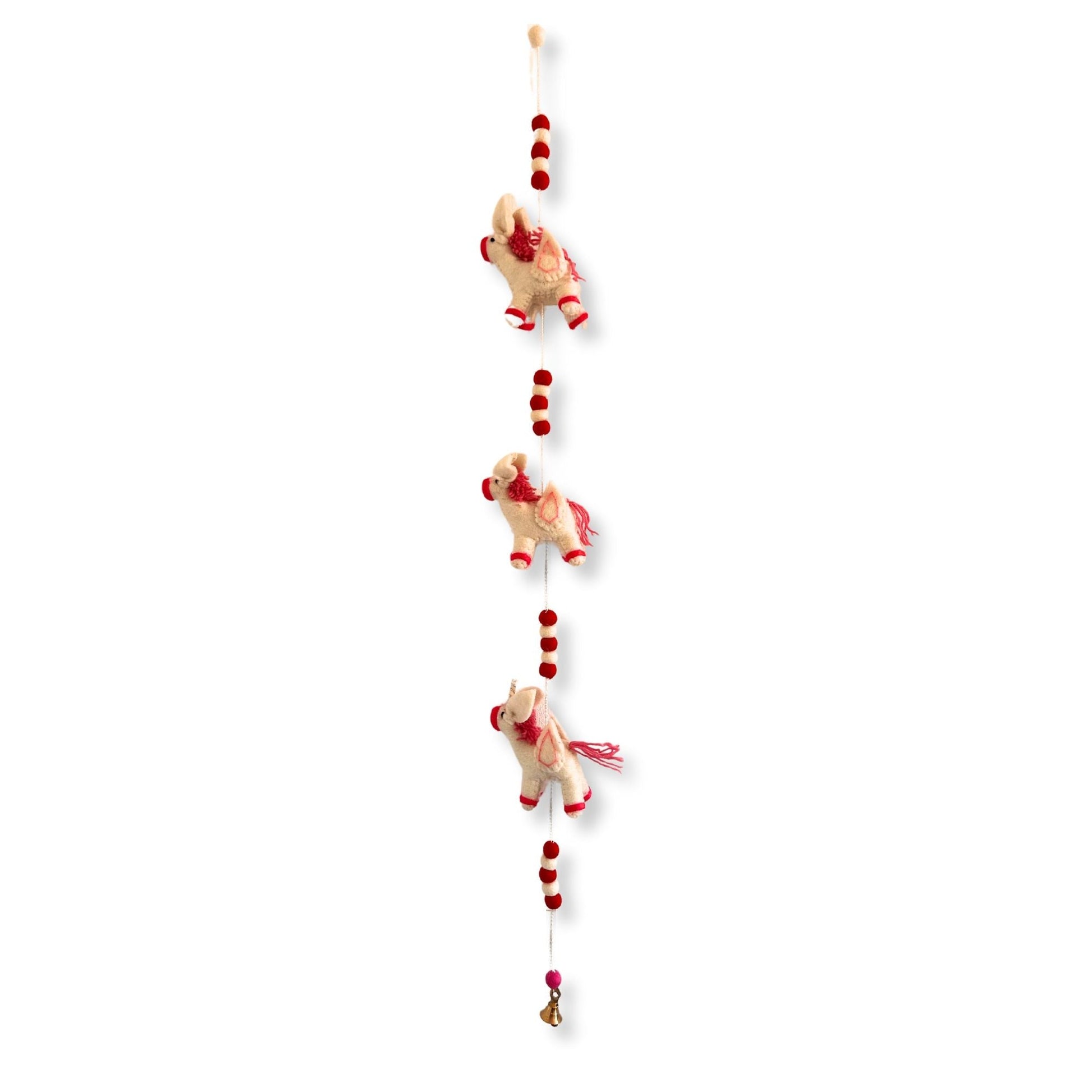 Colorful Felt Unicorn Wall Hanging – 110CM handcrafted Nepal felt unicorn garland with red accents, nursery wall decor