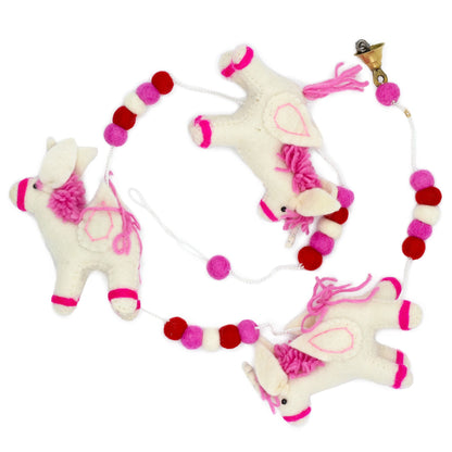 Alt Tag: Colorful Felt Unicorn Wall Hanging – 110CM handcrafted Nepal felt unicorn garland with pink and red pom poms, 110 cm