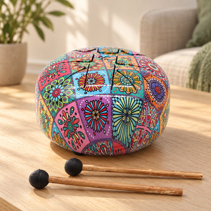 Colourful steel tongue drum and two mallets on a pale wooden tabletop, with a softly lit ivory and sage background.