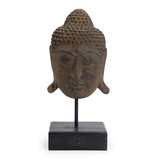 Alt Tag: Concrete Buddha Head Statue – 33x18 CM grey concrete Buddha head sculpture on stand, antique style home decor