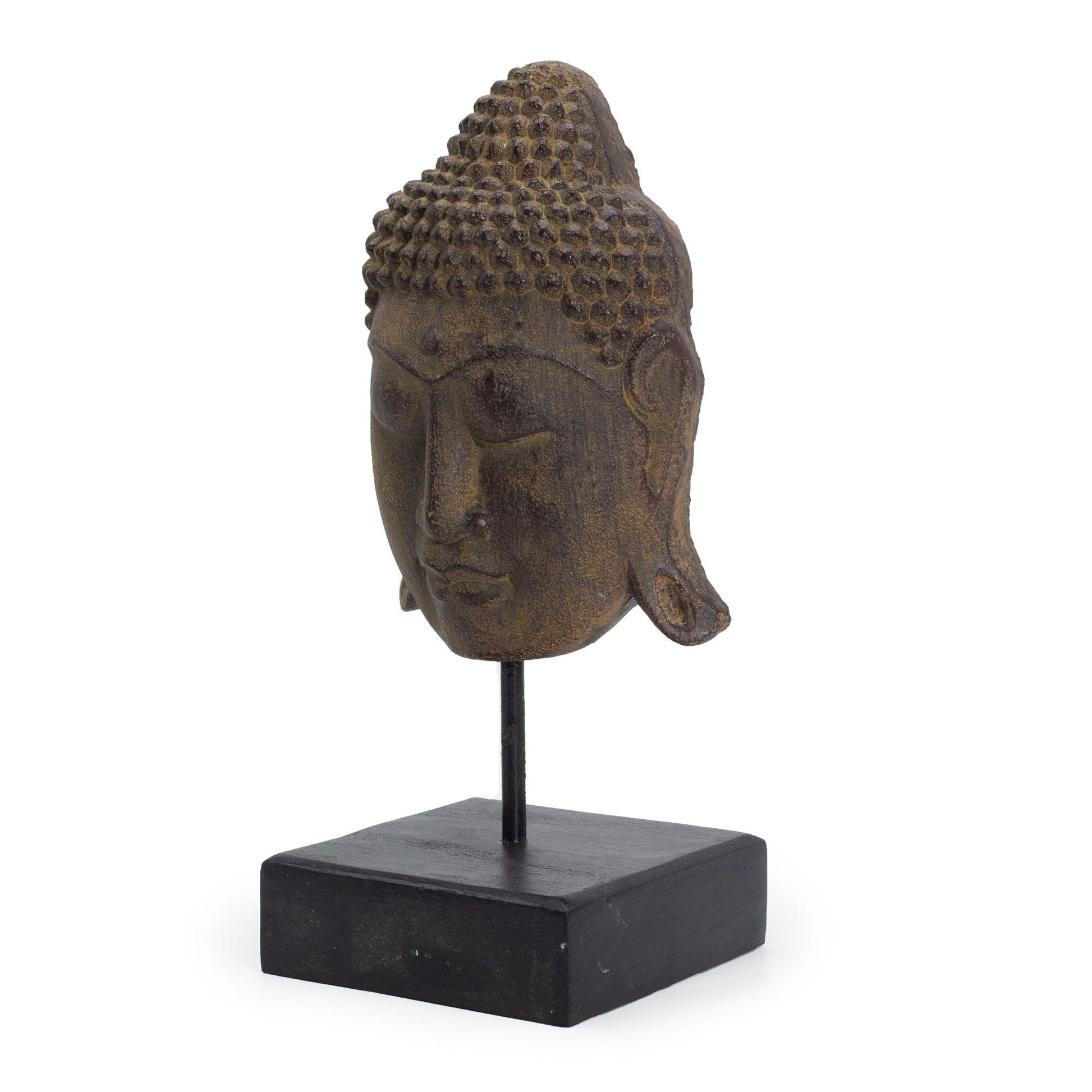 Alt Tag: Estatua de cabeza de Buda en concreto – 33x18 CM, cabeza de Buda en concreto color gris con soporte negro, decoración estilo antique