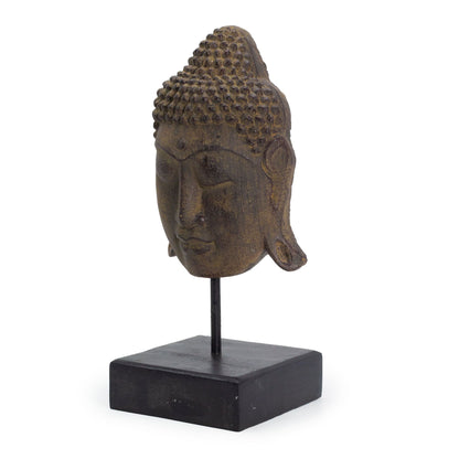Alt Tag: Estatua de cabeza de Buda en concreto – 33x18 CM, cabeza de Buda en concreto color gris con soporte negro, decoración estilo antique