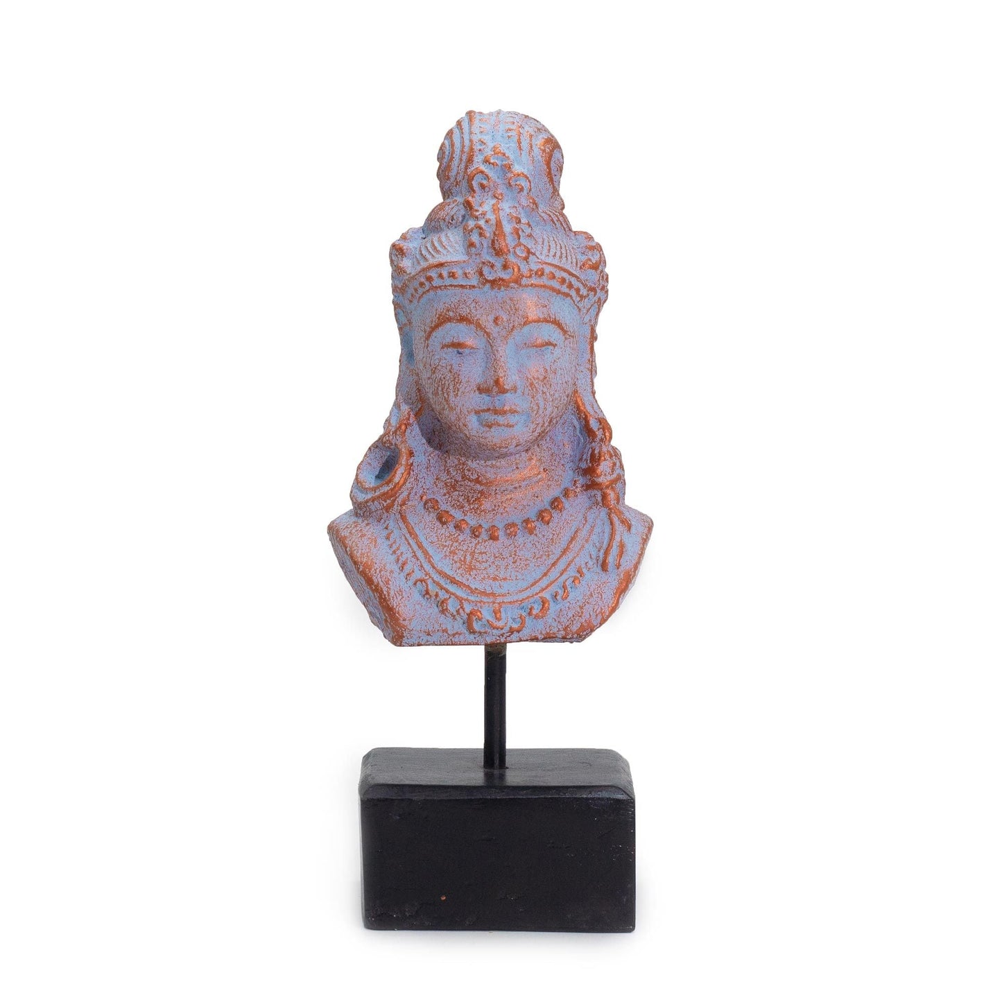 Estatua Concrete Java Princess – Blue Copper, busto de princesa javanesa en concreto con acabado en cobre azul sobre base