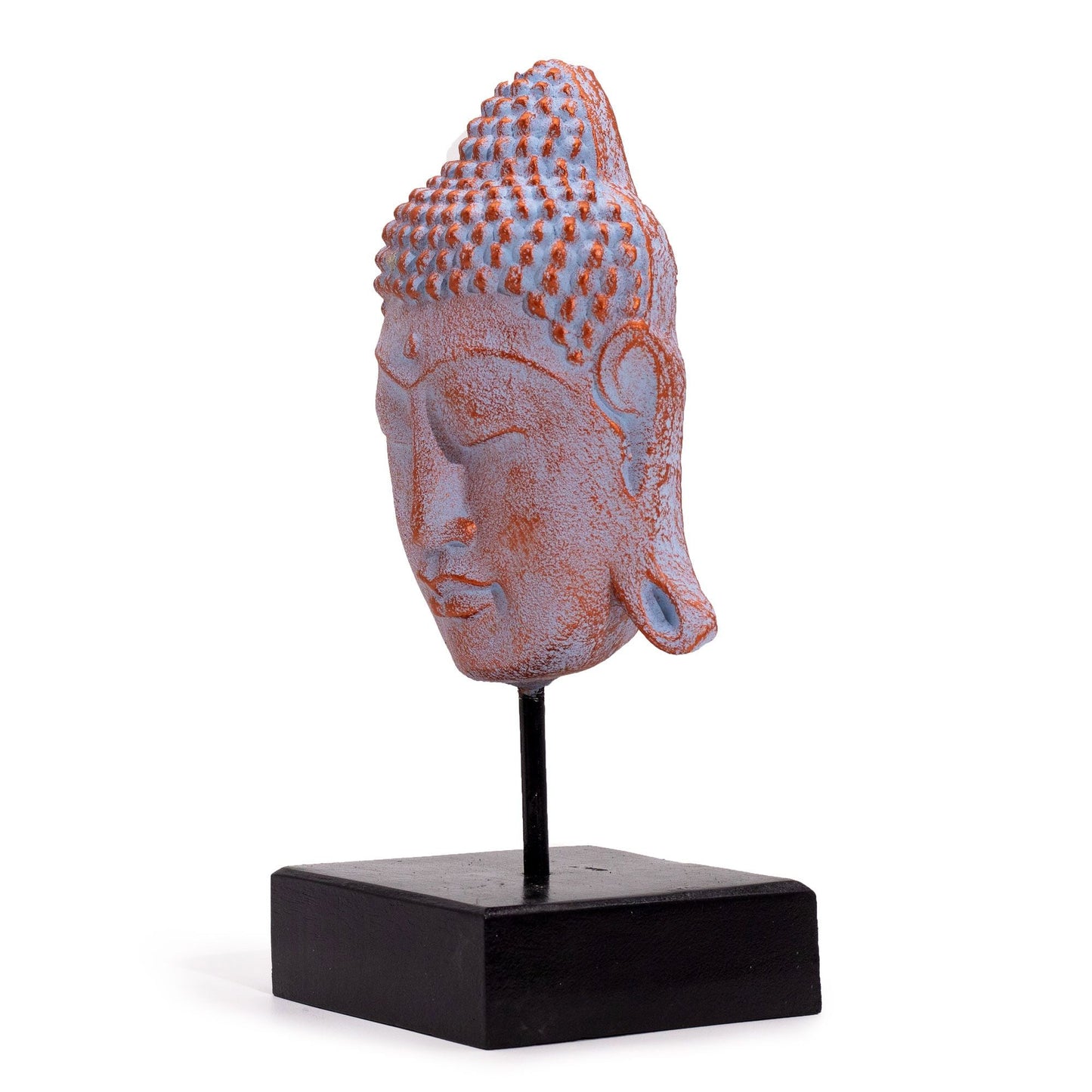 Alt Tag: Estatua de Buda de concreto y jempinis – 33x18x18 CM, cabeza de Buda en acabado cobre azul sobre base negra, concreto y jempinis