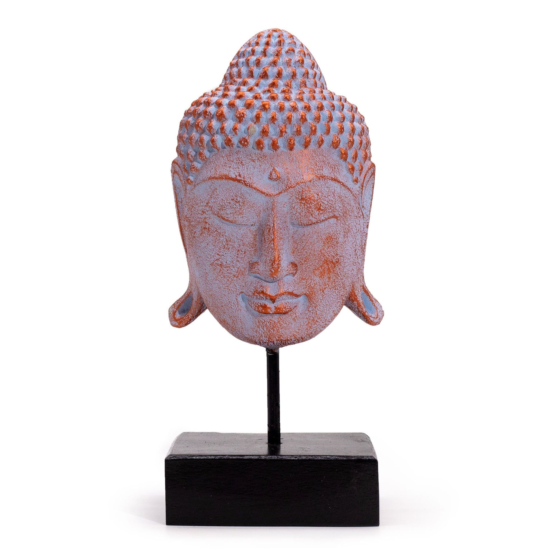 Estatua de Buda de hormigón y jempinis – 33x18x18 CM, cabeza de Buda sobre pedestal con acabado azul cobre