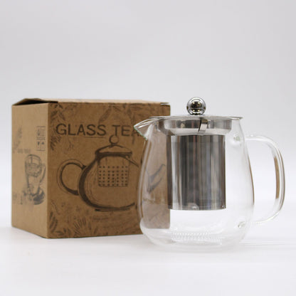 Alt Tag: Contemporary Glass Infuser Teapot – 550ML de vidrio con infusor de acero inoxidable, mostrado junto a su caja