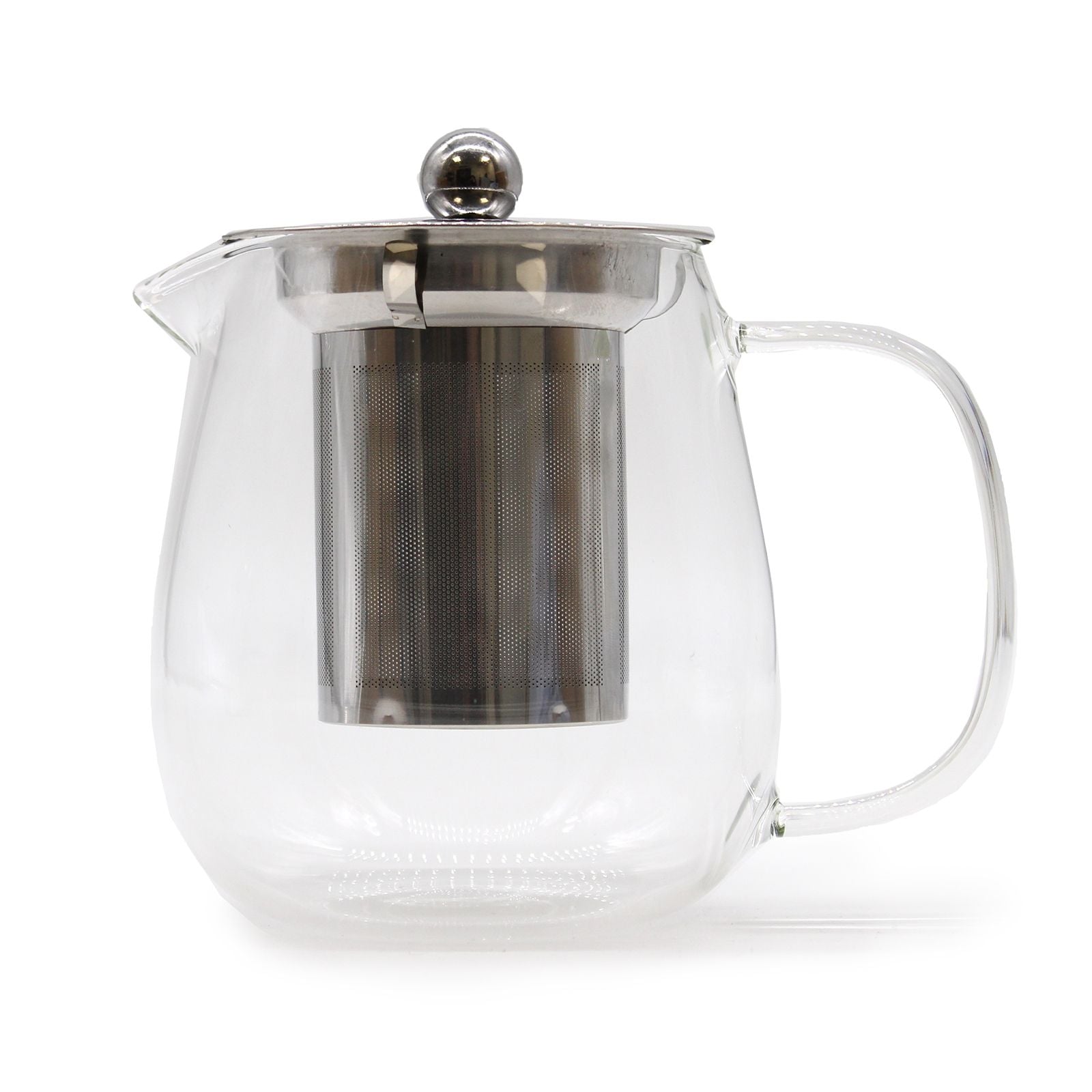 Alt Tag: Contemporary Glass Infuser Teapot – 550ML, clear glass teapot with stainless steel infuser basket and lid, side handle