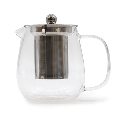 Alt Tag: Contemporary Glass Infuser Teapot – 550ML, clear glass teapot with stainless steel infuser basket and lid, side handle