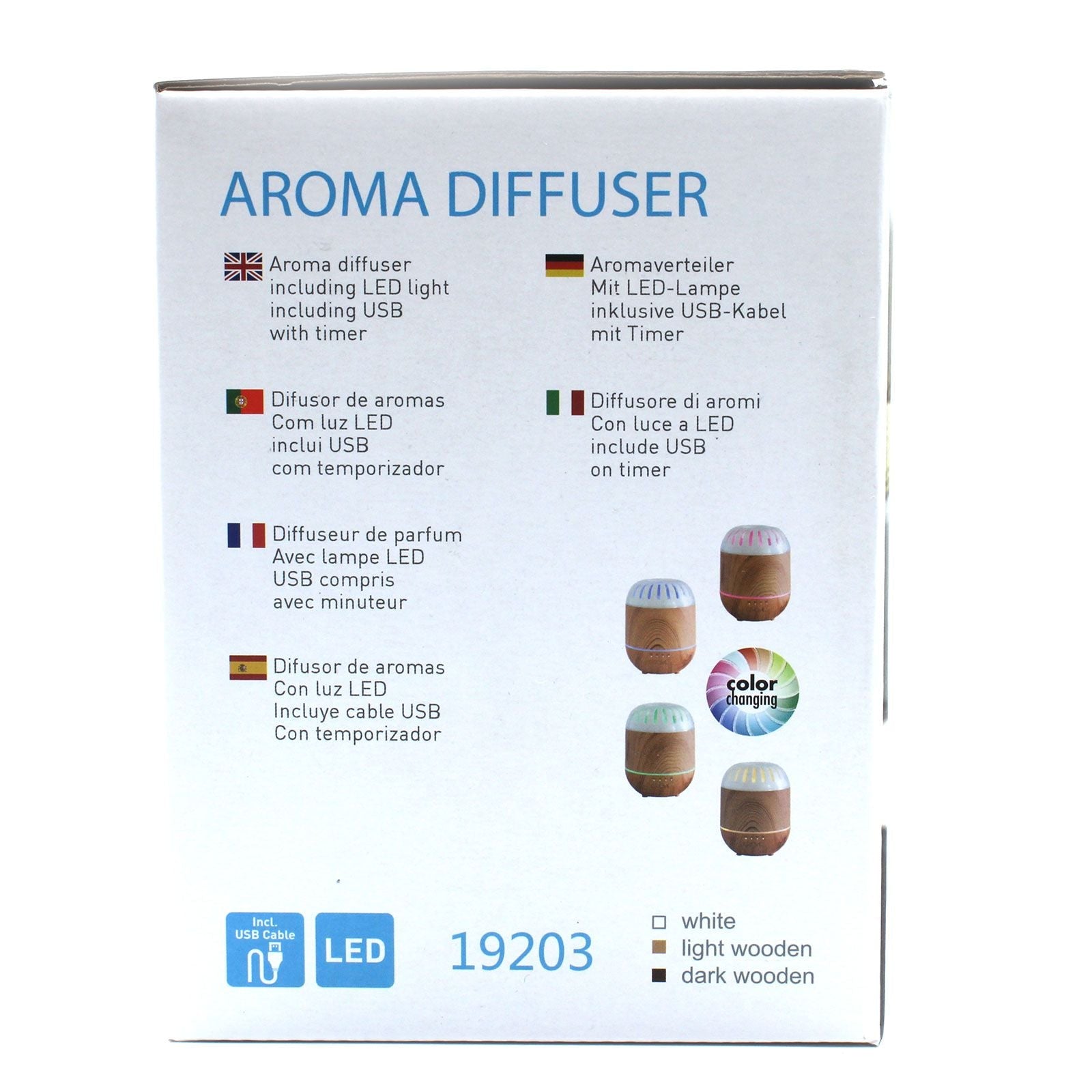 Empaque del difusor de aromas Copenhagen Atomiser – USB – Colour Change – Timer, mostrando luz LED, temporizador, cable USB y opciones de color