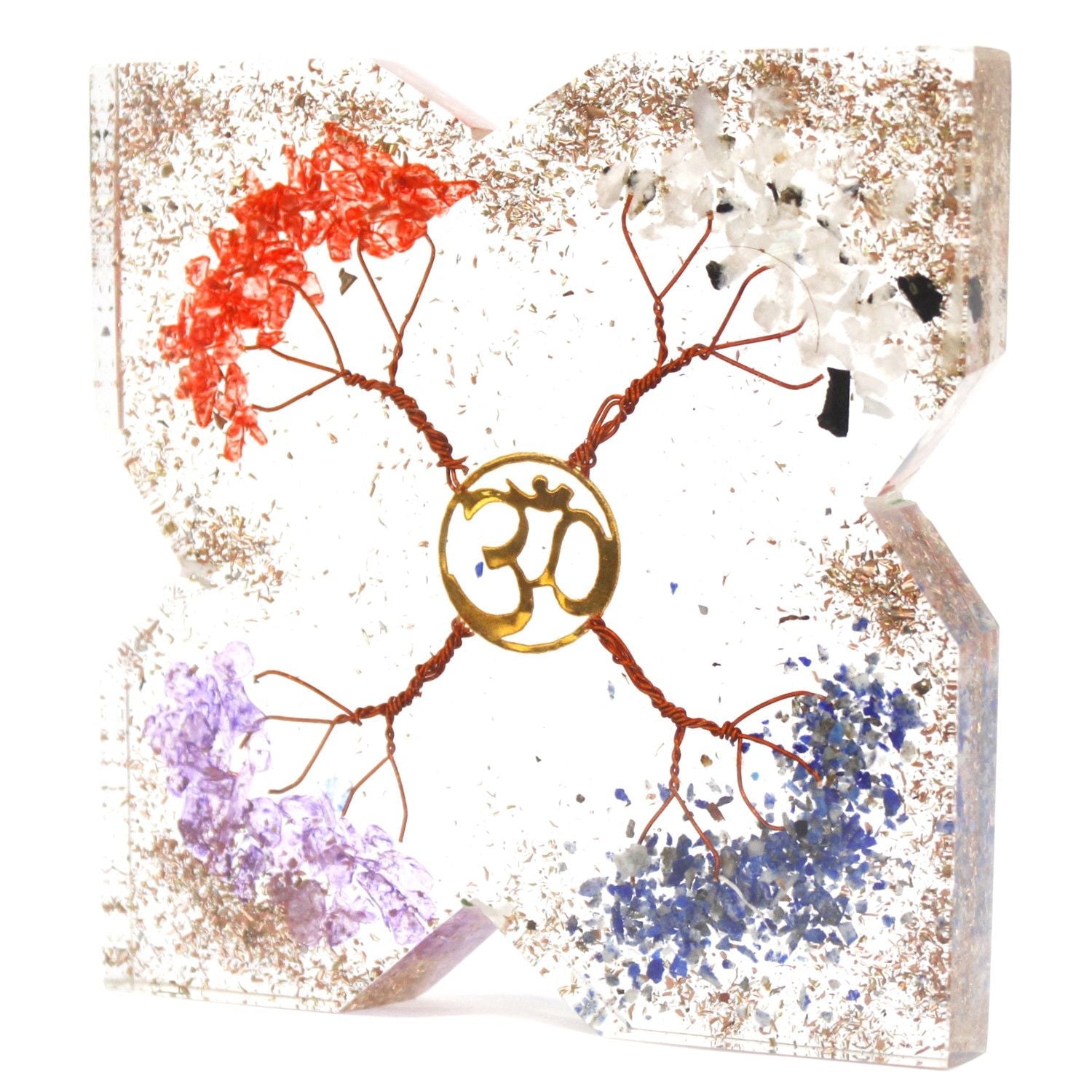 Copper Attractor Orgonite Desk Power Pack – Large with copper Om symbol and gemstone chips in clear resin desk décor