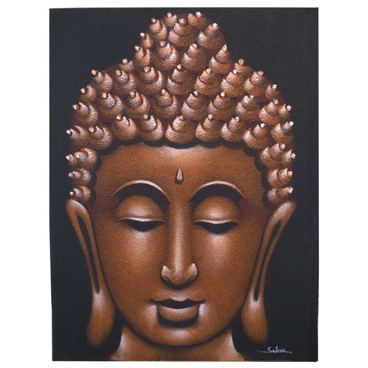 Alt Tag: Copper Sand Finish Buddha Painting – 80x60 CM, copper-toned Buddha face artwork on canvas with textured sand finish and dark background
