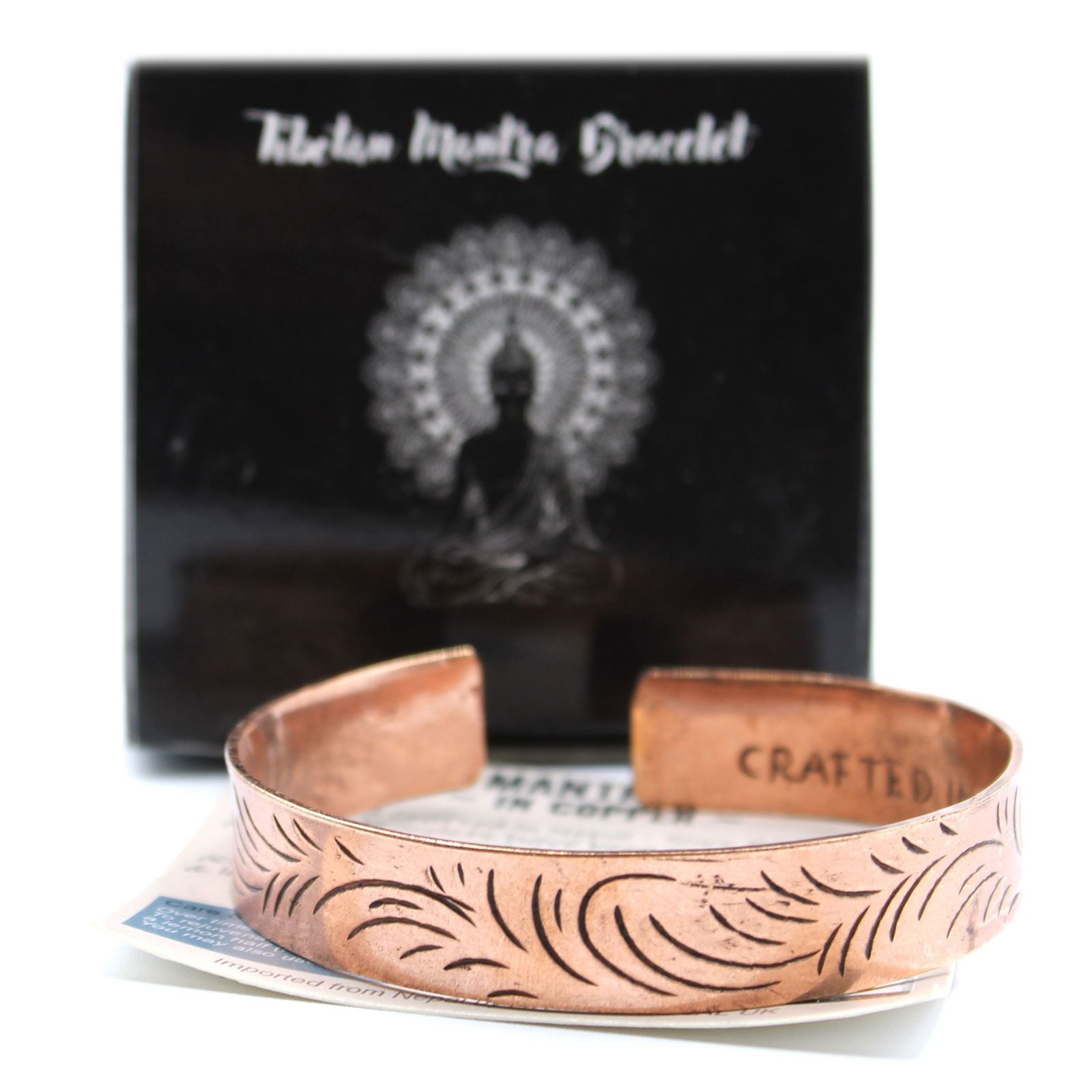 Tibetanskt koppararmband – Breda tribal-spiraler brett kopparcuffarmband med etsad tribal-spiralmönster, handgjort i Himalaya-stil