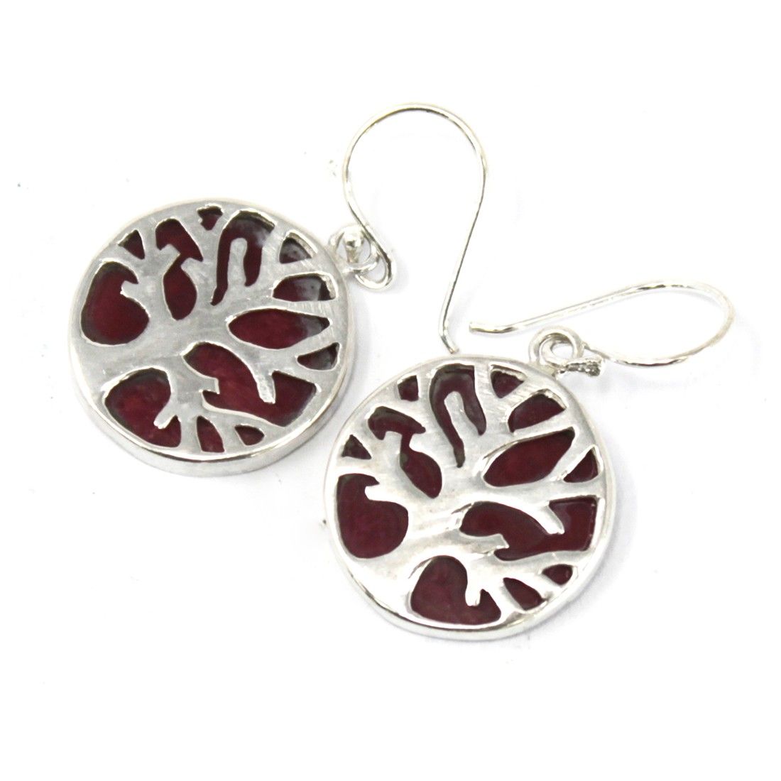 Coral Effect Tree of Life Silverörhängen – 15 MM, runda dinglande silverörhängen med utskuren Tree of Life-design och inlägg med koralleffekt