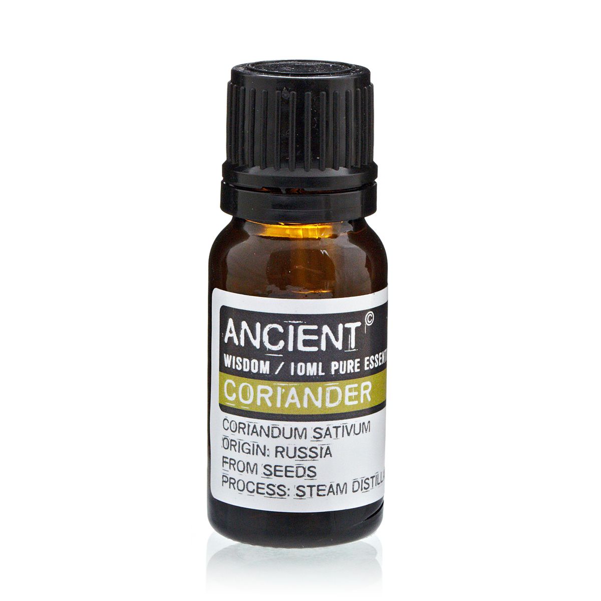 Alt-tag: Eterisk korianderfröolja – 10 ml flaska, eterisk korianderfröolja från korianderfrön (Coriandrum sativum), 10 ml bärnstensfärgat glas med svart kork