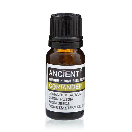 Alt Tag: Coriander Seed Essential Oil – 10 ML bottle, coriander (Coriandrum sativum) seed essential oil, 10ml amber glass with black cap