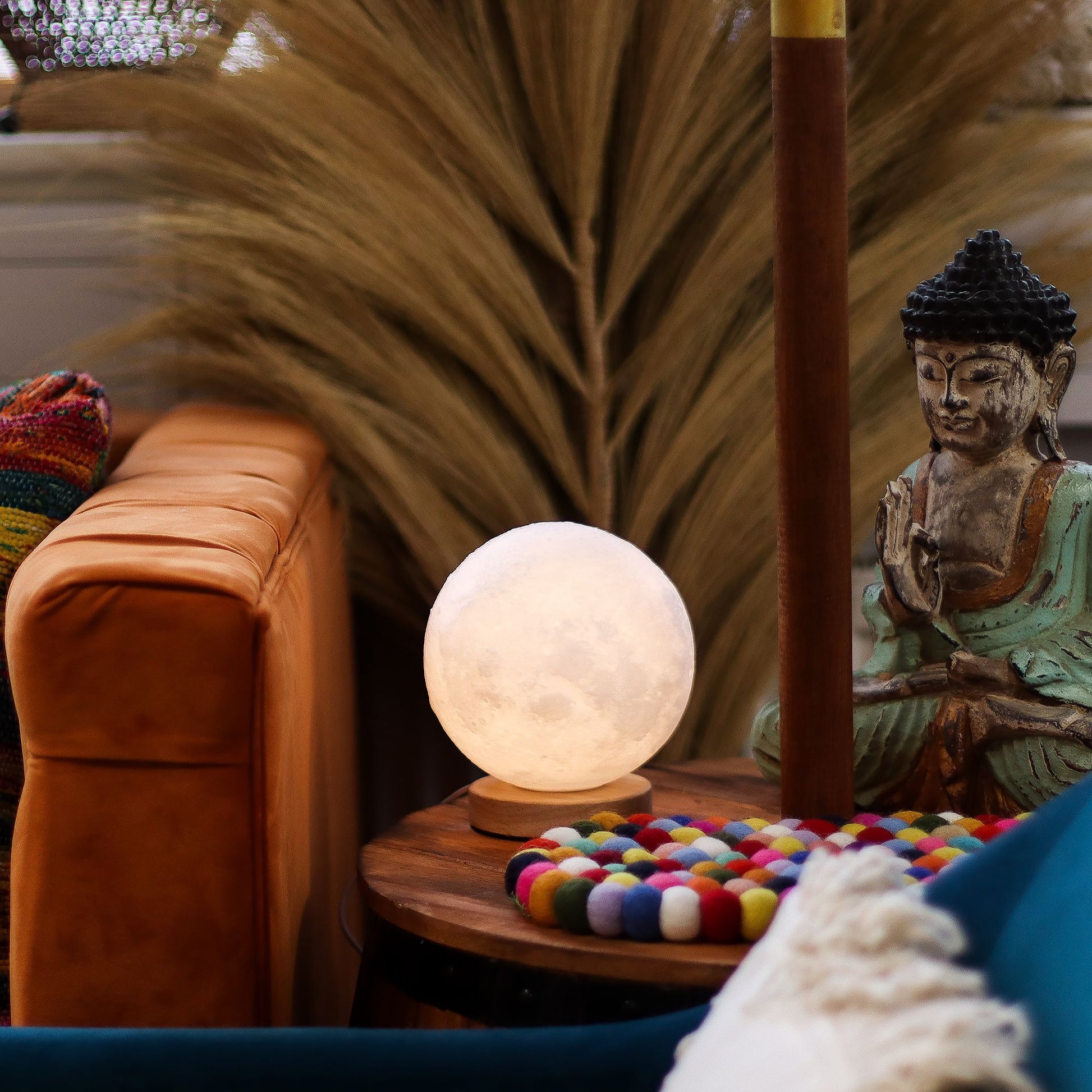 Cornstarch PLA Moon Lamp – 3 Settings USB glowing on wooden side table in cozy living room decor, USB powered