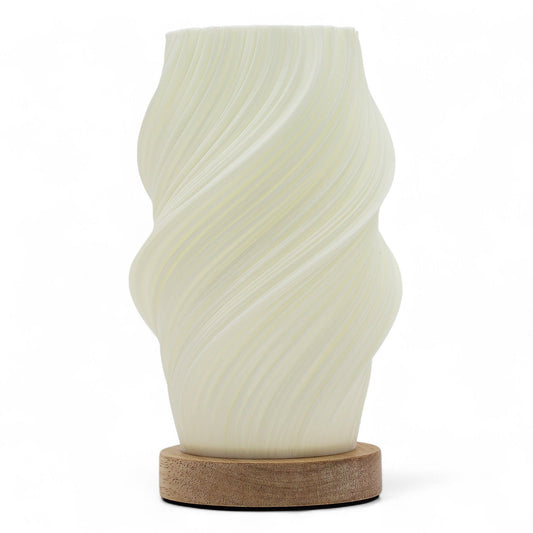 Cornstarch PLA New Wave Lamp – Cloud Twisted lámpara de mesa con pantalla ondulada tipo nube y base de madera, 21x10x10 cm