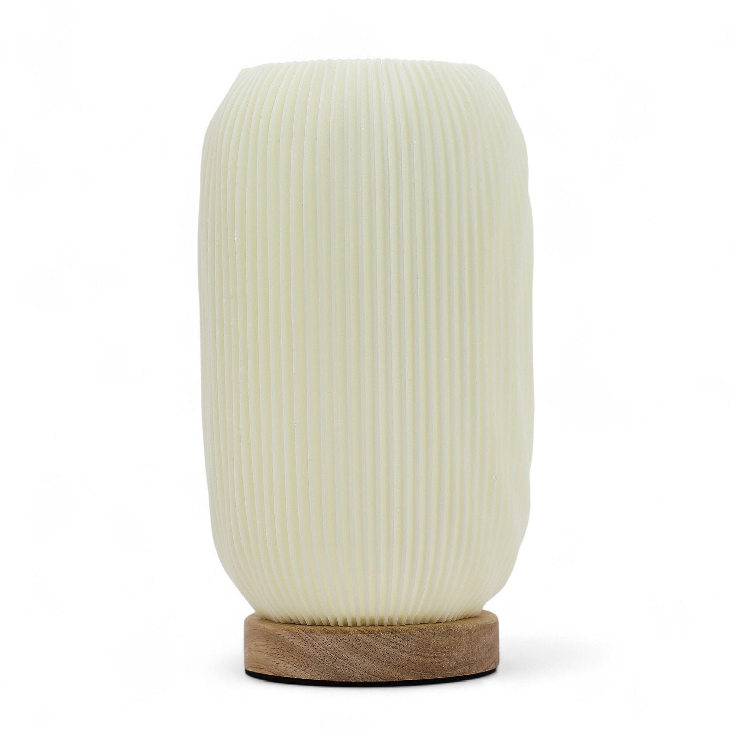 Alt Tag: Majsstärkelse-PLA USB-lampa – modern vriden, 23,5 cm, vit räfflad bordslampa med träbas