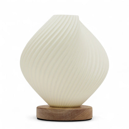 Alt Tag: Cornstarch PLA USB Lamp – Shell Twisted 18x13x17 CM, white twisted shell lamp shade on round wooden base