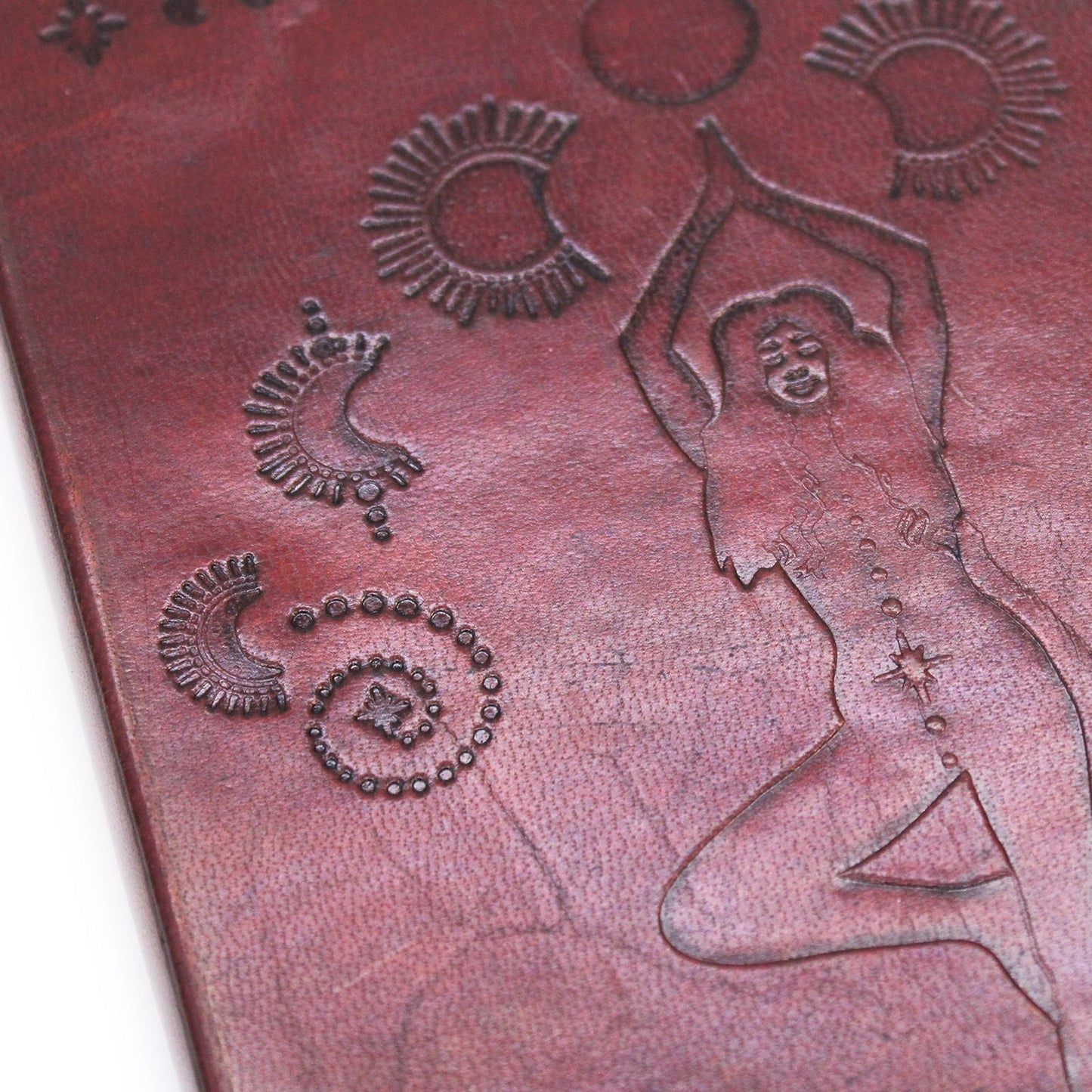 Alt Tag: Cosmic Goddess Leather Notebook – Medium 20.5 CM leather cover with embossed goddess and celestial symbols