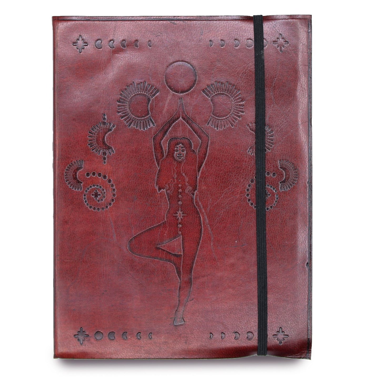 Cosmic Goddess Leather Notebook – Medium 20.5 CM red leather journal cover with embossed goddess and moon phases, elastic strap closure