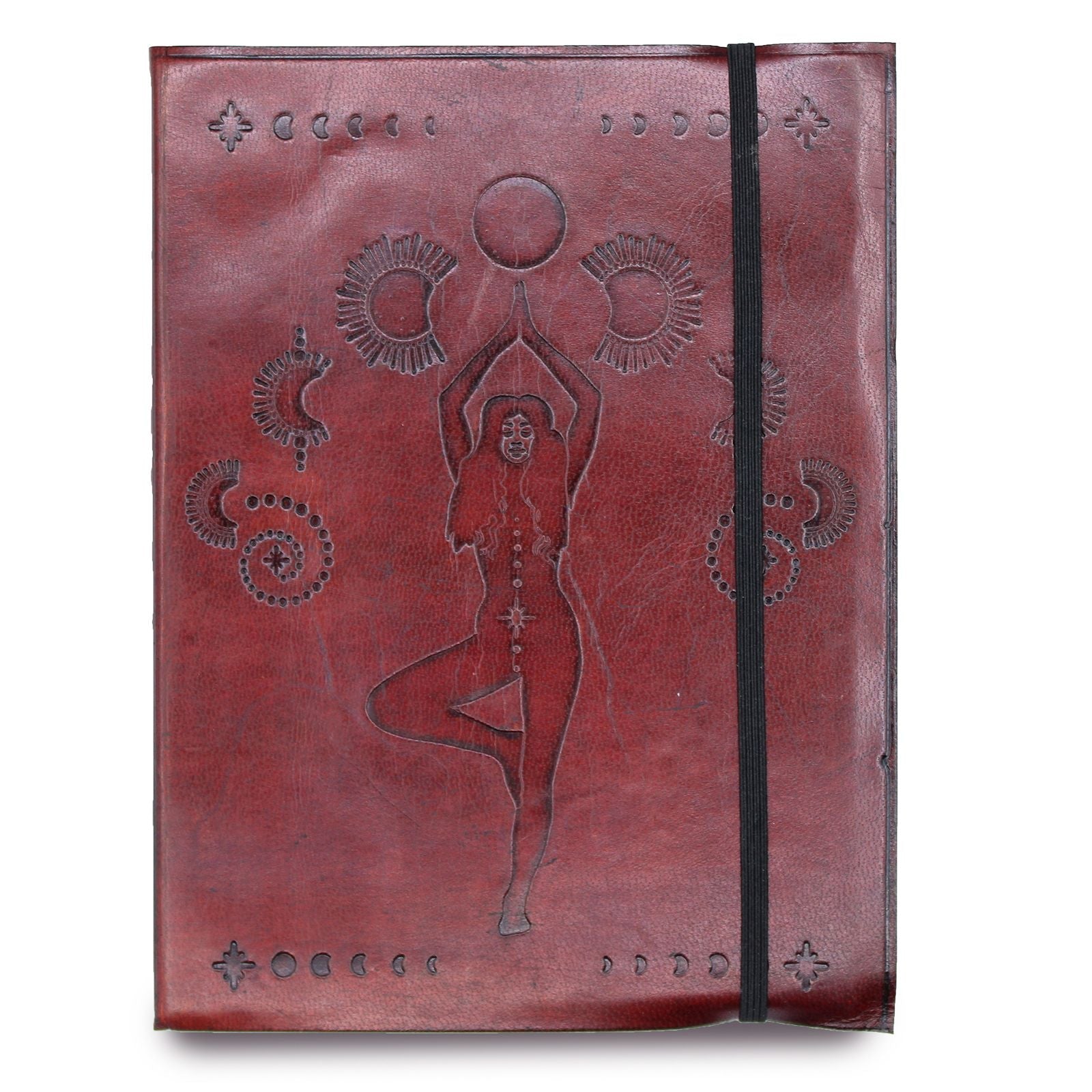 Cosmic Goddess Leather Notebook – Medium 20.5 CM red leather journal cover with embossed goddess and moon phases, elastic strap closure