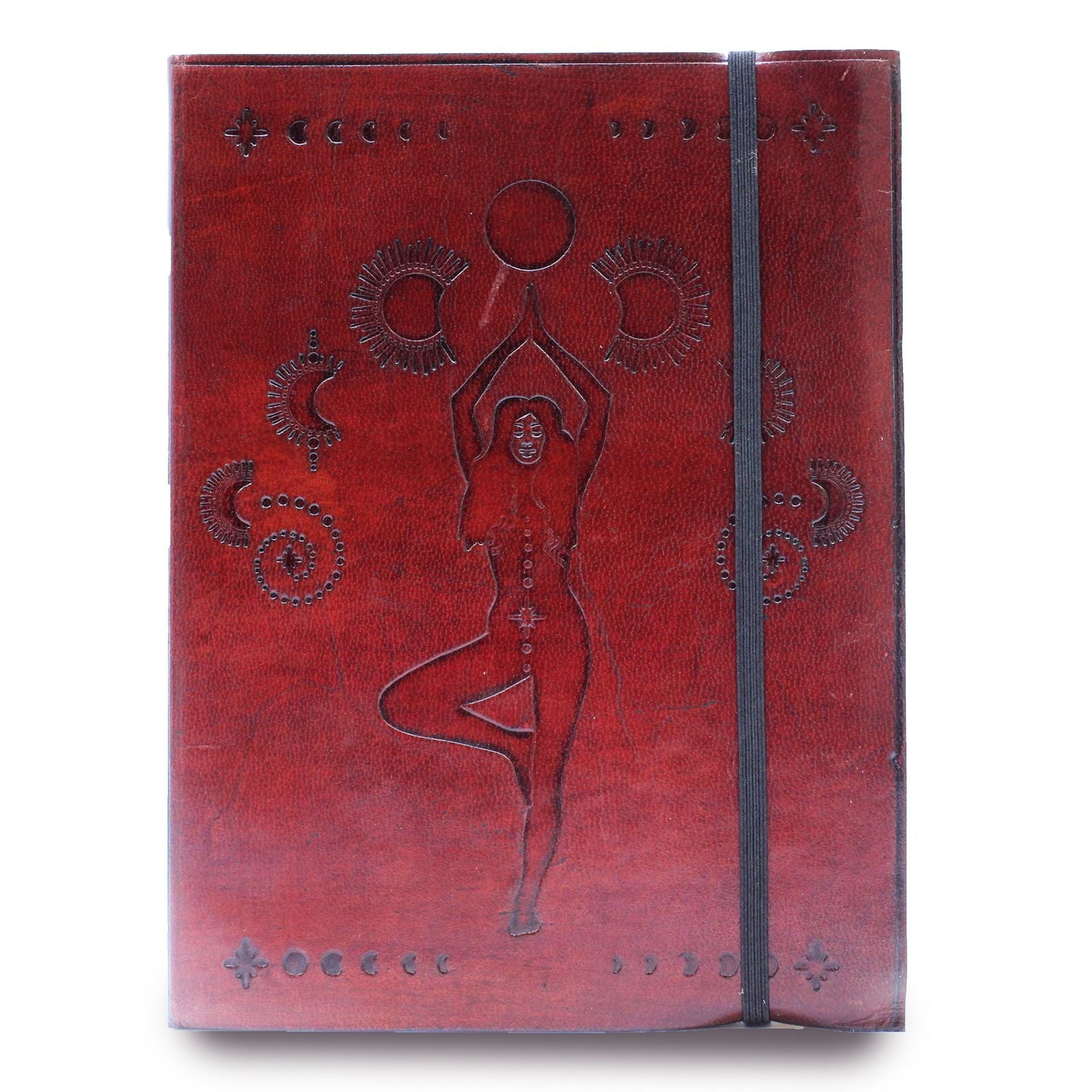 Alt Tag: Cosmic Goddess Leather Notebook – Medium 20.5 CM, cuaderno de cuero rojo con relieve de diosa y fases lunares, banda elástica