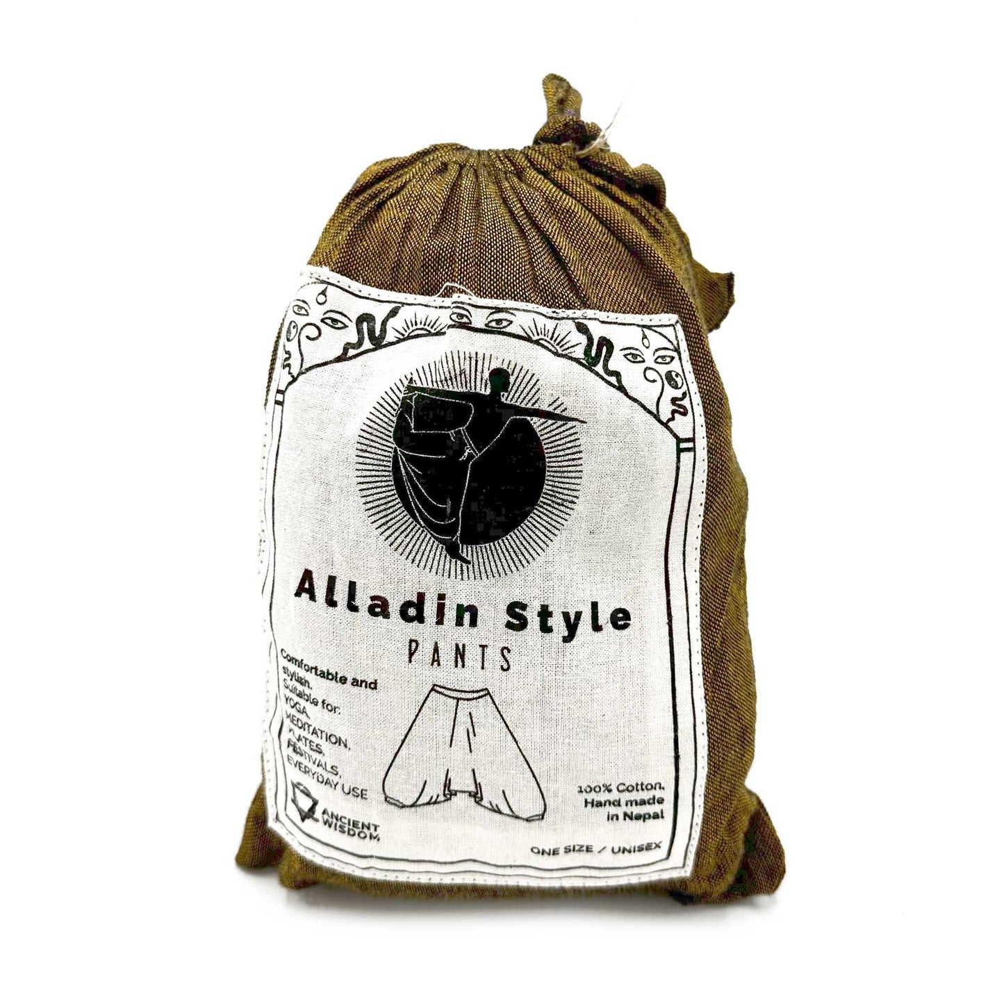Alt Tag: Aladdin-yogabyxor i bomull – Himalayan Orange i tygpåse med etiketten “Aladdin Style Pants”