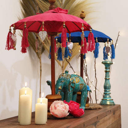 Cotton Bali Decor Parasol – Pink, 40 CM decor parasol with tassels on shelf display, boho styling
