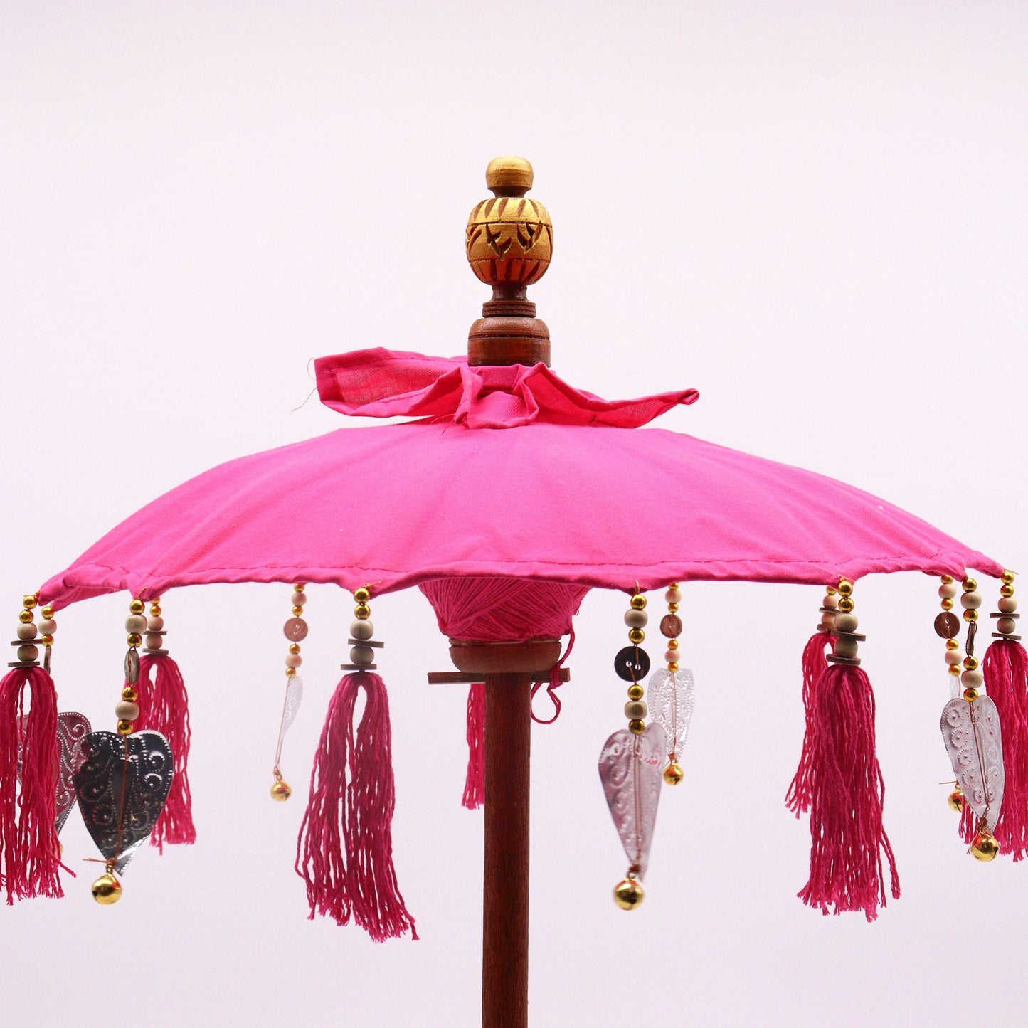 Cotton Bali Decor Parasol – Pink, 40 CM pink canvas parasol with wooden pole, hanging tassels and bead details