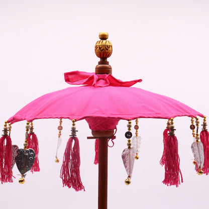 Cotton Bali Decor Parasol – Pink, 40 CM pink canvas parasol with wooden pole, hanging tassels and bead details